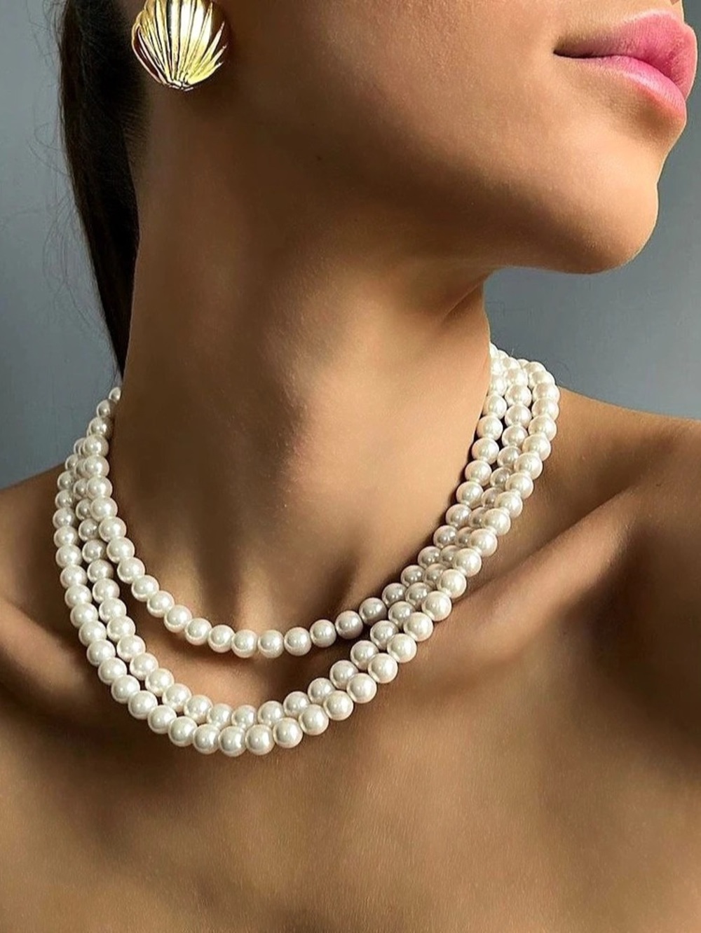 Three Strand Pearl Necklace Layered White Faux Pearls Bridal Statement Choker